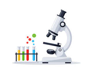 Microscope and Colorful Test Tubes in Laboratory Setting Illustration.