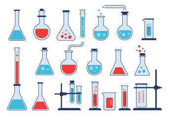 Science Lab Equipment: Beakers Flasks Test Tubes and Measuring Cups.