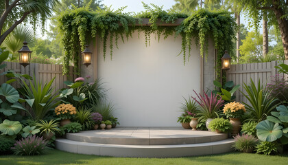 Lush garden stage with hanging vines and lanterns platform green