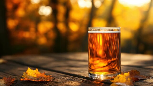 Glass of amber liquid on wooden table with autumn leaves