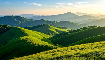 Rolling Green Hills Under a Golden Sunset Sky.