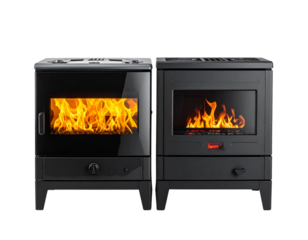 Modern cylindrical black fireplace stove with glowing flame isolated on transparent background