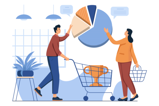 Market Share Growth Concept with Cartoon People and Pie Chart Presentation and Cart with Award on Transparent Background Vector Illustration