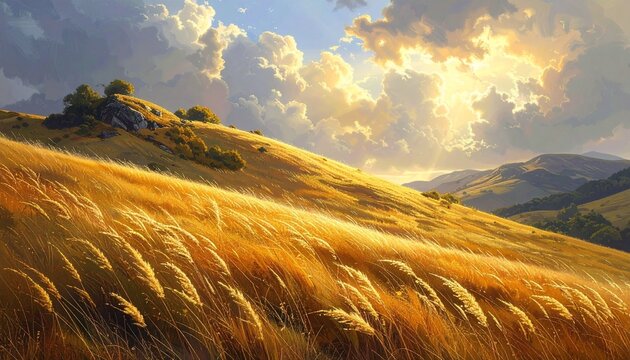 Golden rolling hills with windblown grass under a dramatic sunlit sky.