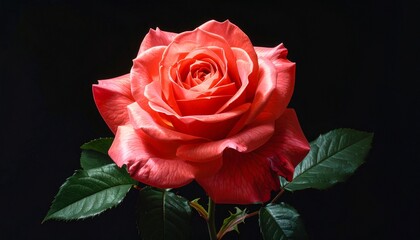 Vibrant Coral Rose Blooming Against a Dark Background.