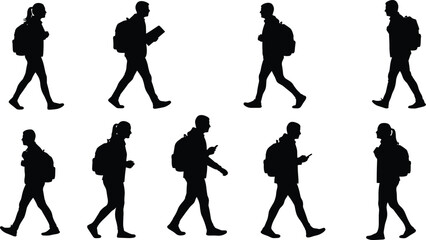 Silhouette of walking people with backpacks, students and travelers, urban lifestyle, education and 