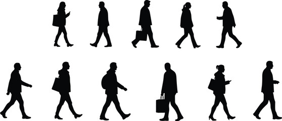 Silhouette of walking people, business men and women, urban pedestrians illustration, vector design showing crowd movement in modern city background.