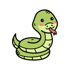 Cartoonish Green Snake Coiled with Pink Cheeks on Transparent Background, Line Art Style Isolated Vector Illustration