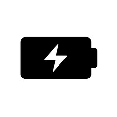 A simple black glyph icon of a battery with a lightning bolt symbol, representing charging status, electrical power, and energy source for electronic devices