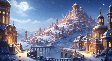 Obraz premium Enchanting winter cityscape under a full moon with illuminated buildings