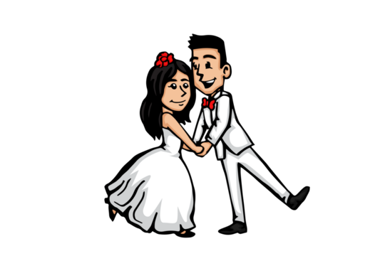 Cartoon Wedding Couple with White Dress and Suit Holding Hands on Transparent Background