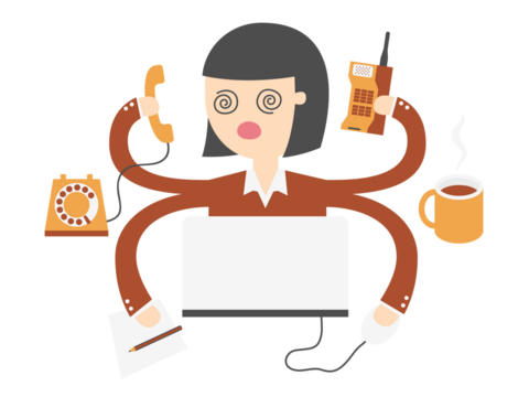 Cartoon Woman Multitasking with Transparent Background Holding Various Objects in Pixelated Style with Orange and Brown Tones - Powered by Adobe