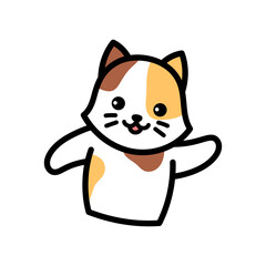 Cartoonish Cat Hand Puppet Doodle Illustration on Transparent Background with White Orange and Brown Patches Waving with Simple Black Outlines