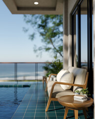 Wooden sofa chair and side table aside outdoor swimming pool with glass partition and panoramic view