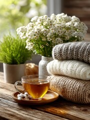 Cozy Autumn Still Life Tea, Knitwear, and Flowers.