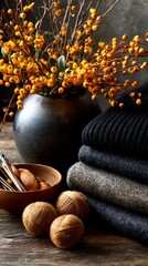 Cozy Autumn Still Life with Knitwear and Yellow Berries.
