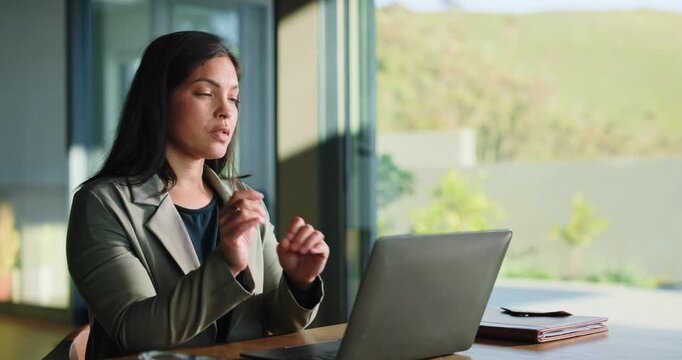Woman, stress and business at office with laptop, deadlines and headaches for company. Person, entrepreneur and productivity in workplace with technology, stressed and frustration for burnout.