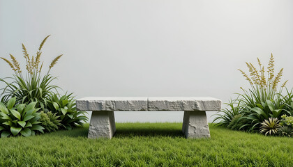 Stone bench on green grass with plants against white wall seat garden