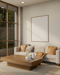 Books and flower vase on wooden table aside sofa with a white frame on wall in sun lit living room.