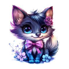 A cute and charming cartoon kitten with big blue eyes and a pink bow tie. A sweet and adorable graphic. Pet.