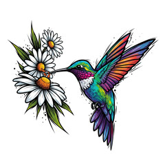 Obraz premium A vivid hummingbird with colorful feathers sips nectar from white daisies.