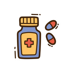 Medicine Bottle and Pills Doodle Illustration on Transparent Background
