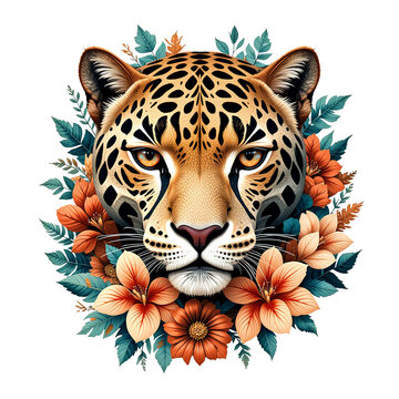 Fototapeta A detailed, fierce illustration of a leopard's face surrounded by lush, orange and peach colored flowers and leaves. Wild animals.