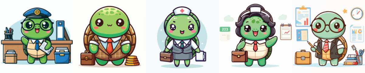 Cute Turtle Office Characters Vector Set Adorable Kawaii Business Turtles in Various Professions with Briefcases and Office Backgrounds Cartoon Animal Mascot Illustration