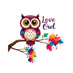 A cute and colorful cartoon owl perches on a branch with autumn leaves. A whimsical and charming design. Bird, Animals.