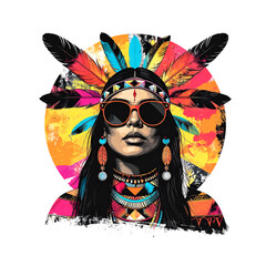 A mixed-media artwork of a Native American woman in traditional attire, wearing sunglasses, with vibrant feathers and jewelry.