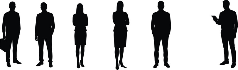 Businesspeople silhouettes standing in row, professional team, corporate workers, office staff, business attire, teamwork concept, black outline, white background illustration