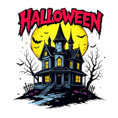 Spooky haunted house illustration with a full yellow moon, bare trees, and bats, set beneath a dripping HALLOWEEN text logo.