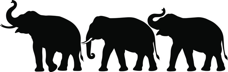 Elephant silhouettes walking in line, wildlife animals, safari scene, black outline, nature illustration, African mammals, herd movement, isolated white background design