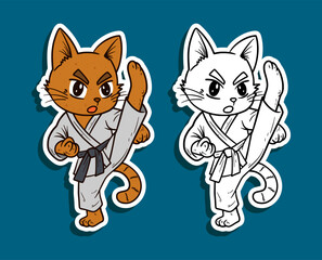 Karate cat rising block pose with black belt Cartoon Illustration