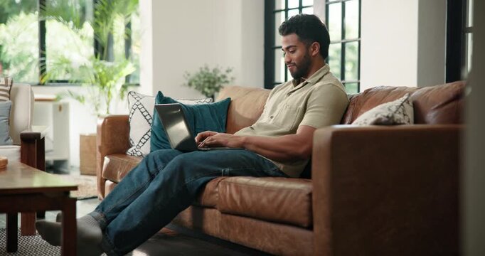 Man, remote work and typing on laptop at house for research, proofreading article and copywriting. Person, freelancer and digital for story submission, editor feedback and information for publication