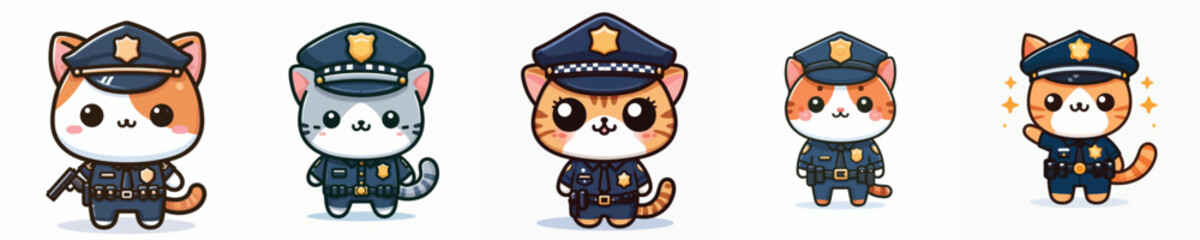 Fototapeta premium Cute Cat Police Officer Vector Set Adorable Kawaii Policeman Cats in Blue Uniform with Hats and Badges – Cartoon Animal Law Enforcement Mascot Illustration