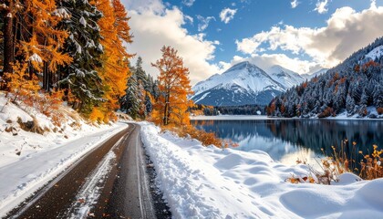 Scenic Mountain Road Reflecting Autumn Colors and Winter Snow.