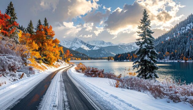A scenic snowy road curves alongside a mountain lake with autumn foliage.