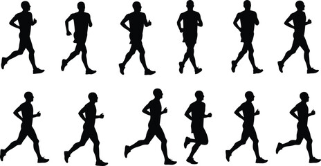 Silhouette sequence of man running, athletic jogging illustration showing movement, fitness exercise, sport activity, healthy lifestyle, black and white concept
