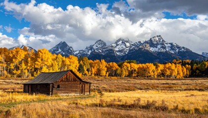 Rustic Cabin Amidst Autumn Foliage and Snow-Capped Mountains.