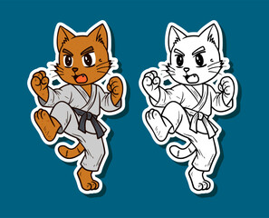 Karate Cat Executing a Jumping Side Kick Cartoon Illustration