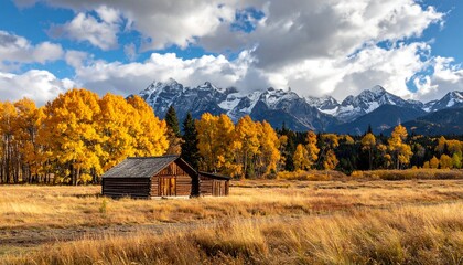 Autumnal Landscape with Barn and Majestic Mountains Under Cloudy Sky.