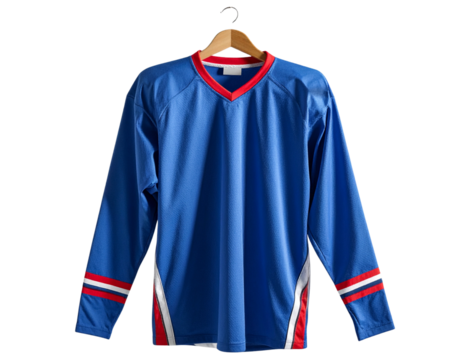 Realistic Hanging Hockey Jersey Mockup — Blue and Red Team Uniform”