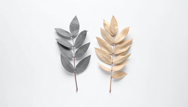 Two contrasting leaves, one in grayscale and one in warm tones, on a clean white background.