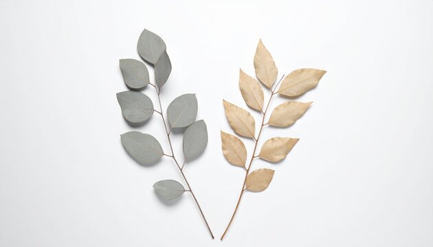Two branches with leaves one grey one brown on white background.
