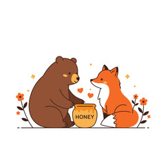 A bear and a fox share a jar of honey surrounded by flowers and hearts.