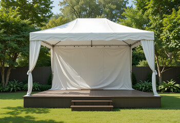 White outdoor event tent with wooden stage and green grass image
