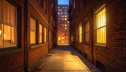 Narrow Alleyway at Dusk - Illuminated Windows and Brick Buildings.