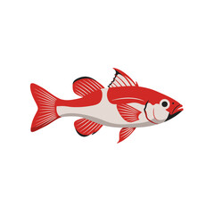 A stylized illustration of a red fish with distinct fins and a streamlined body.