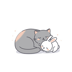 A cute illustration of a gray cat and a white bunny cuddling together.